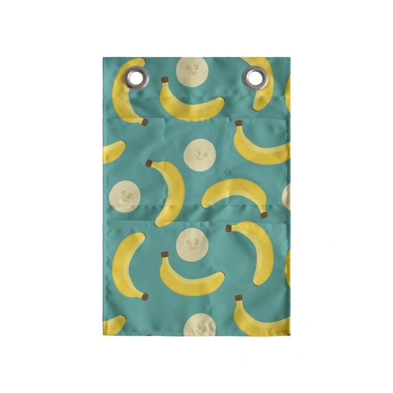 Banana Hanging Pocket Organizer, Pattern of Whole and Sliced Fruit Elements Scattered, Printed Polyester Storage Bag with Pockets, 14" x 20", Seafoam Mustard