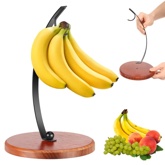 Banana Holder Stand Modern Banana Hanger Hook Fruit Bowl Banana Tree Hanger with Bold Stainless Steel & Thickened Wood Base Banana Rack for Kitchen Counter