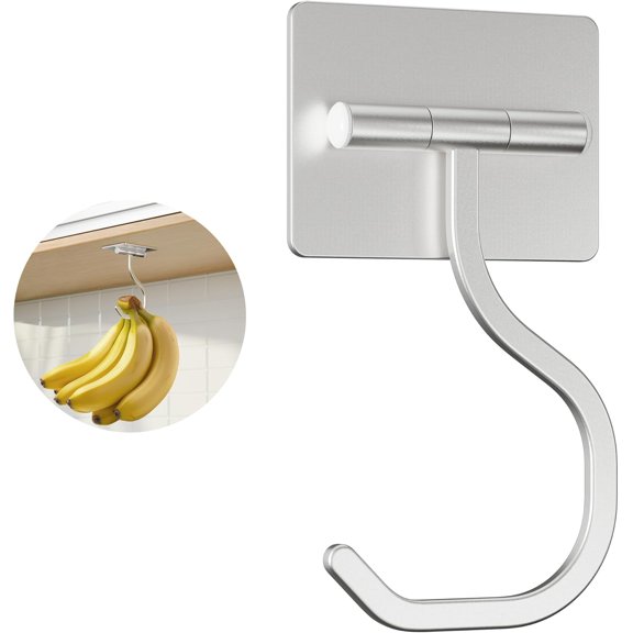 Banana Hook Under Cabinet Adhesive Mount, Silver, Heavy Duty, Holds Up to 20 Bananas, 1 Pack