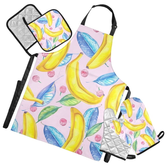 Banana Leaf 5 Pcs Kitchen Set Heat Resistant Oven Mitts and Non-Slip Pot Holders with Adjustable Cooking Apron