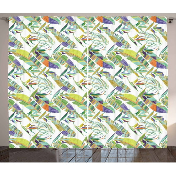 Banana Leaf Curtains 2 Panels Set, Exotic Leafy Paradise of Banana Tree with Pastel Toning Multicolored Leaves, Window Drapes for Living Room Bedroom, 108W X 90L Inches, Multicolor, by Ambesonne