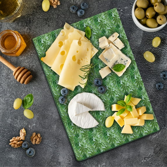 Banana Leaf Cutting Board, Vegetation of Equatorial Jungle Pattern with Angled Folios, Decorative Tempered Glass Cutting and Serving Board, Small Size, Green Olive Green, by Ambesonne
