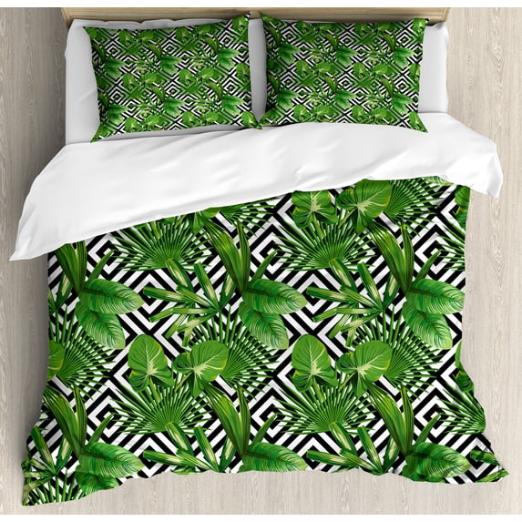 Banana Leaf Duvet Cover Set, Coconut Palm Tree on Modern Abstract Backdrop Rainforest Design, Decorative 3 Piece Bedding Set with 2 Pillow Shams, Queen Size, Black White Hunter Green, by Ambesonne