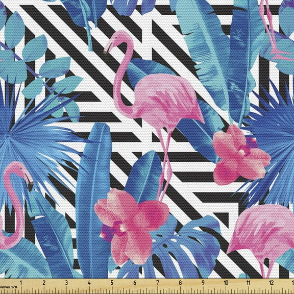 Ambesonne Banana Leaf Fabric by the Yard Upholstery, Watercolor Flamingo, 1 Yard, Multicolor