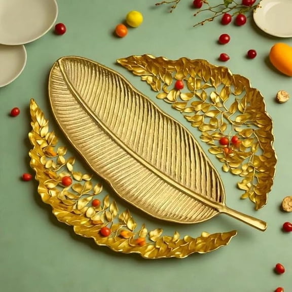 AVOKA Banana Leaf Patter Tray for Home Decor Centerpiece | Leaf-Shaped Serving Platter for Serving Sweets,Cookies,Dry Fruits & Other Snacks