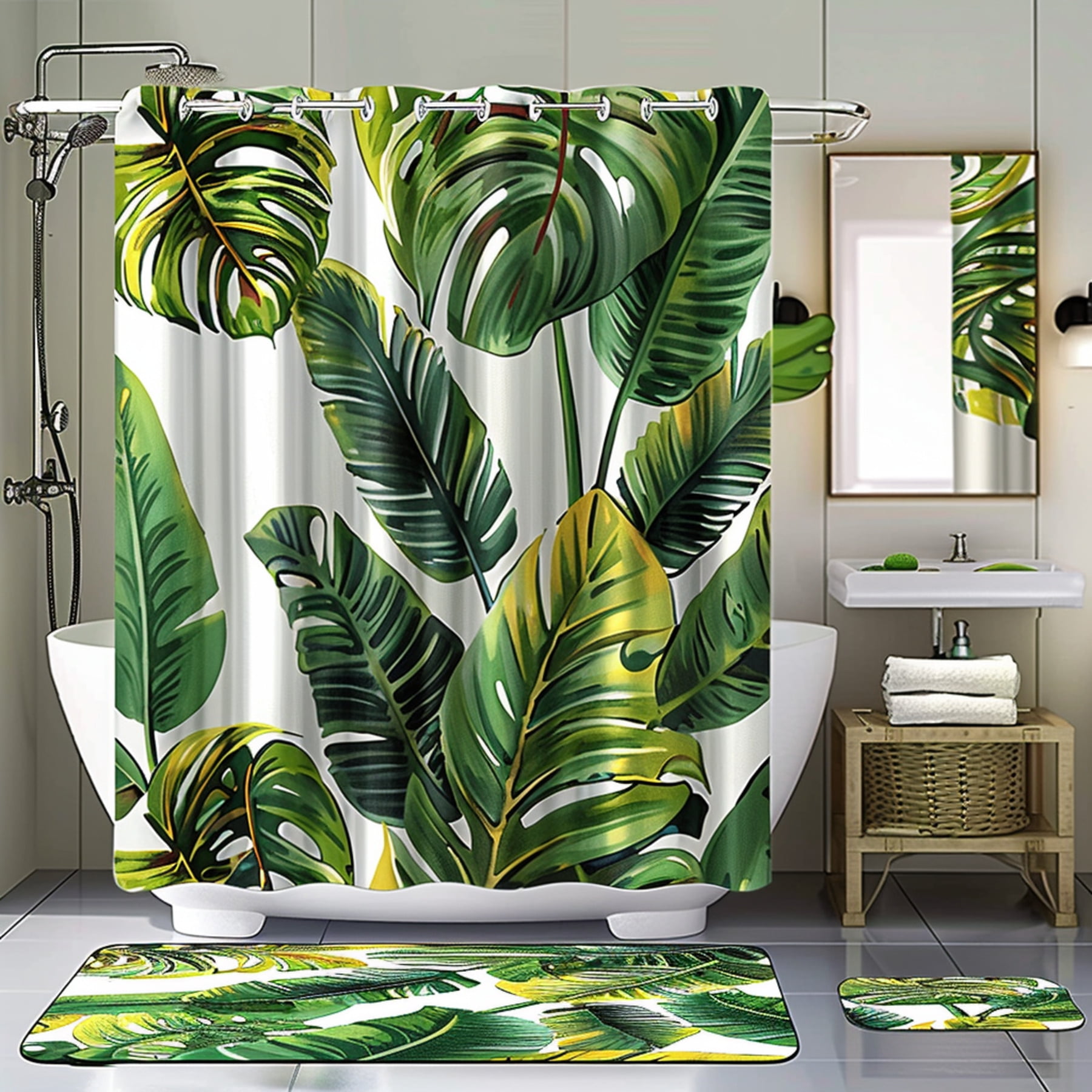 Banana Leaf Print Shower Curtain Set Tropical Rainforest Bathroom Decor
