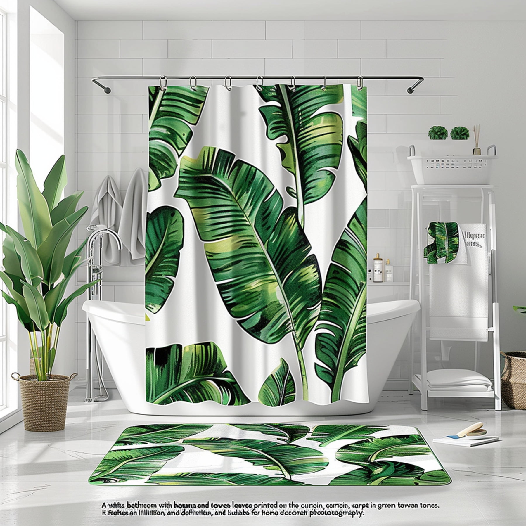 Banana Leaf Printed Shower Curtain Set Green Tones Bathroom Decor for