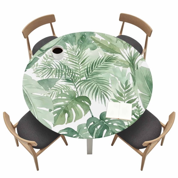 Banana Leaf Round Fitted Table Cover Green Palm Foliage Tropical Plants Botanical Forest Waterproof Table Cloth with Elastic Edge Wipeable Tablecloth for Picnic Camping Party Fits 36"-44" Tables