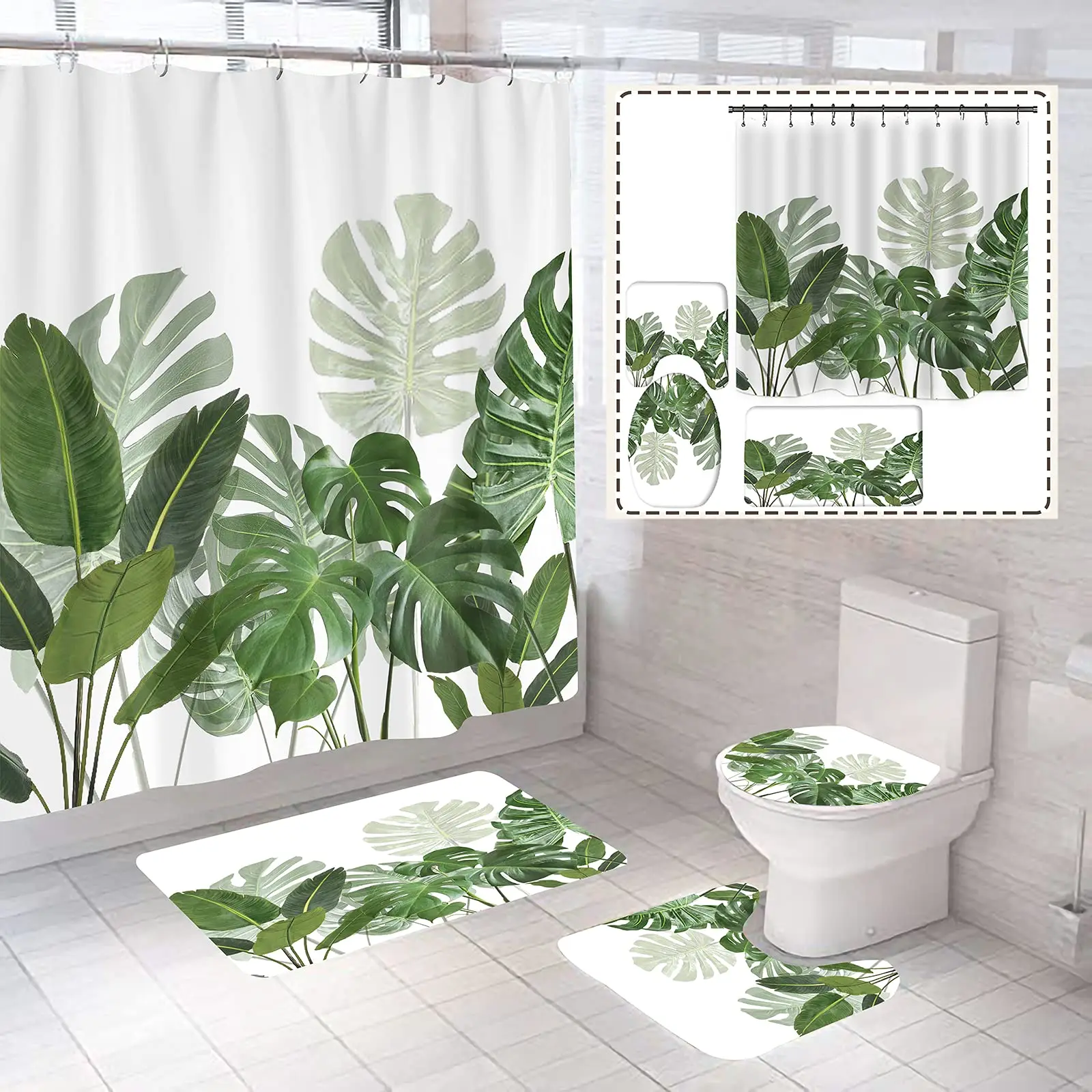 Banana Leaf Shower Curtain Set Non-Slip Rug Bathroom Accessories ...