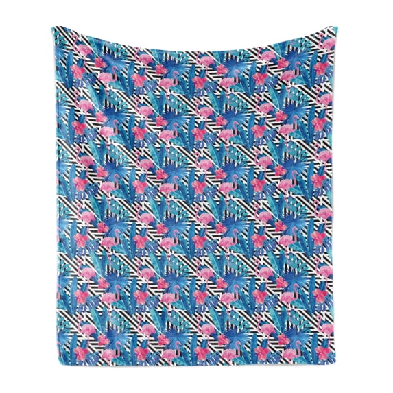 Banana Leaf Soft Flannel Fleece Blanket, Watercolor Tropic Pink Flamingos and Orchid with Blue Floral Plant Jungle Palm, Cozy Plush for Indoor and Outdoor Use, 60" x 80", Multicolor, by Ambesonne