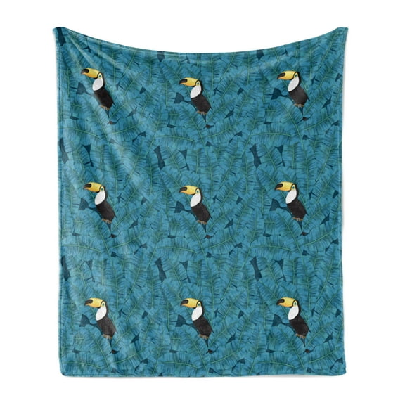 Banana Leaf Soft Flannel Fleece Throw Blanket, Blue Eyed Ramphastos Toucan Bird in Paradise Green Palm Leaf, Cozy Plush for Indoor and Outdoor Use, 50" x 60", Petrol Blue Yellow, by Ambesonne