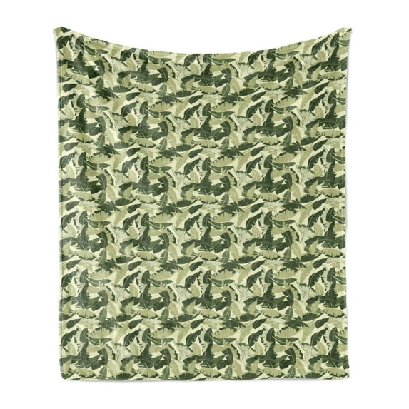 Banana Leaf Soft Flannel Fleece Throw Blanket, Caribbean Exotic Tree Foliage Vintage Look in Greeny Shades, Cozy Plush for Indoor and Outdoor Use, 60" x 80", Pale Green Dark Green, by Ambesonne