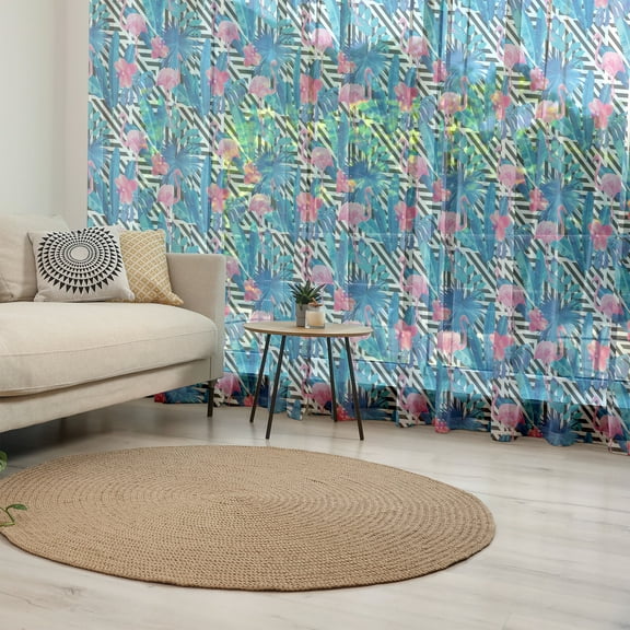 Banana Leaf Tulle Curtains with Rod Pocket, Watercolor Tropic Pink Flamingos and Orchid with Blue Floral Plant Jungle Palm, Sheer Drape for Wedding Party 2 Panels, 7 Sizes, Multicolor, by Ambesonne