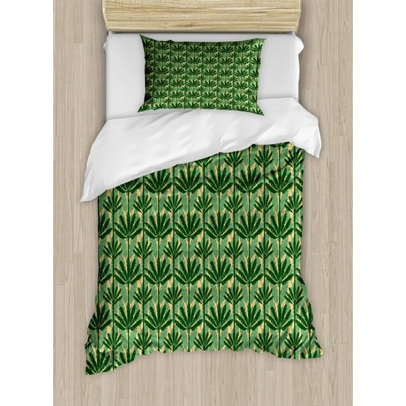 Banana Leaf Twin Size Duvet Cover Set, Overlapping Windmill Palm Trees and Leaves Pattern, Decorative 2 Piece Bedding Set with 1 Pillow Sham, Emerald Jade Green and Pale Yellow, by Ambesonne
