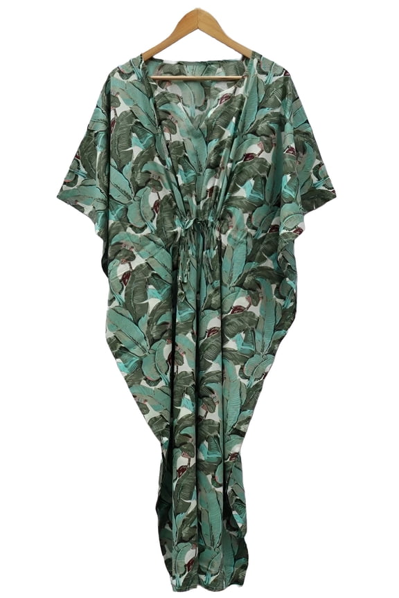 Banana Leaves Print Cotton Kaftan Dress Long Top Caftan, Dress Beach Wear Cover up, Printed Sleepwear Maxi Dress Boho Kimono Robe