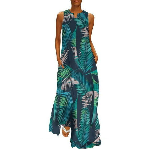 Banana Leaves Print Dress Tropical Palm Party Maxi Dress Aesthetic Bohemia Long Dresses Women Sleeveless Print Oversized Vestido