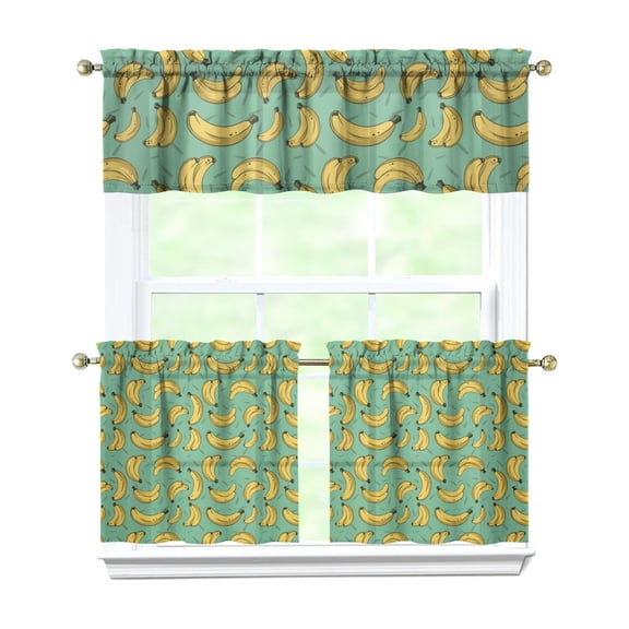 Banana Lover's Kitchen Curtains 3 Pack - Cute Kawaii Cartoon Banana Design, Yellow Aesthetic Print Tier Curtains & Valance, Semi-Sheer Farmhouse Window Panels (Rod Pocket, 54x18+27.5x24 Inch)