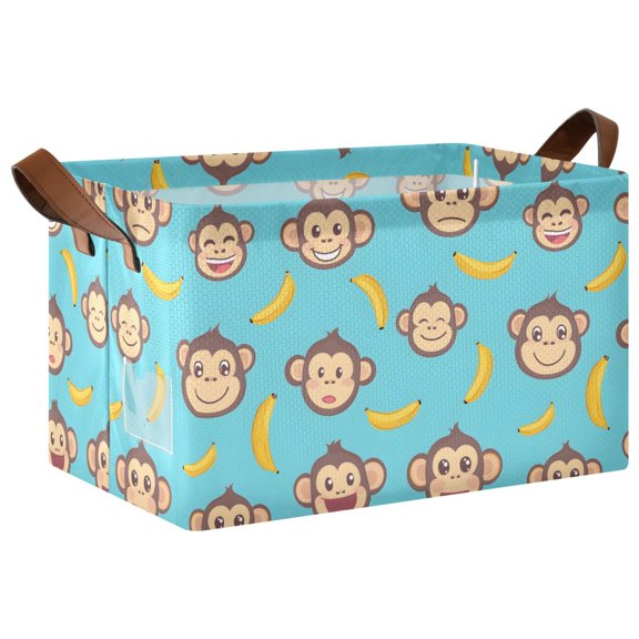 Banana Monkey Face Pattern Collapsible Storage Bin Open Home Shelf Basket Water-Resistant Iron Frame Large