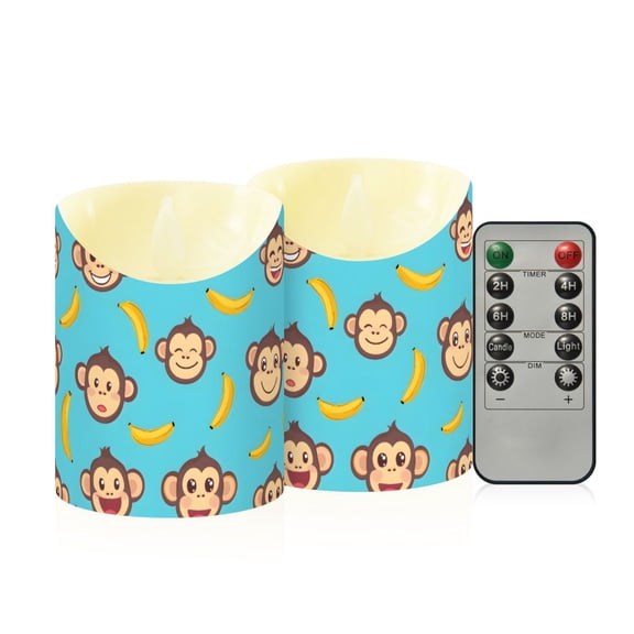 Banana Monkey Face Pattern Flameless Candles 2 PCS with Remote Realistic Moving Flame LED Tapered Pillar Set for Home Decor