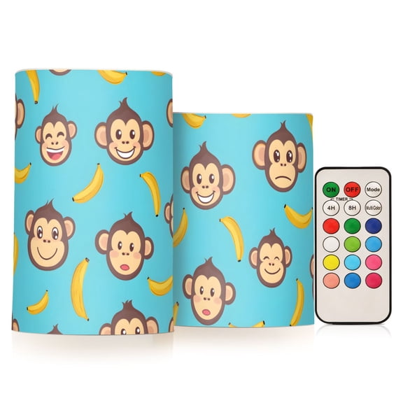 Banana Monkey Face Pattern Flameless LED Candle Set with Remote, Battery Operated Color Changing Pillar Candles, Set of 2