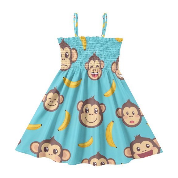 Banana Monkey Face Pattern Girls' Casual Dresses 2Y-8Y Sleeveless Ruffle Neck for Summer Daily Wear