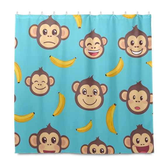 Banana Monkey Face Pattern Shower Curtain Liners Waterproof 72 Inch with C Shaped Curtain Hooks