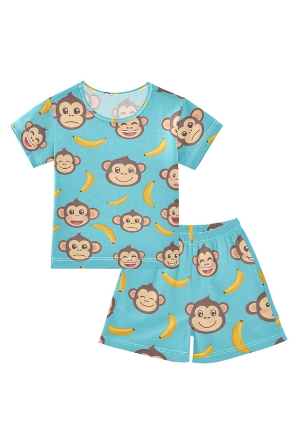 Banana Monkey Face Pattern Summer Pajama Set Soft Cotton Short Sleeve Sleepwear 2PCS Pajama Sets Breathable Lounge Set Size 5Y