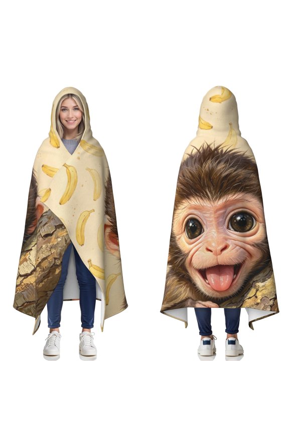 Banana Monkey Wearable Blanket Hoodies for Women Men Adults Monkey Lovers Soft Lightweight Cute Monkeys Hooded Blankets for Home Office Decor Birthday Gifts 50×60 Inch