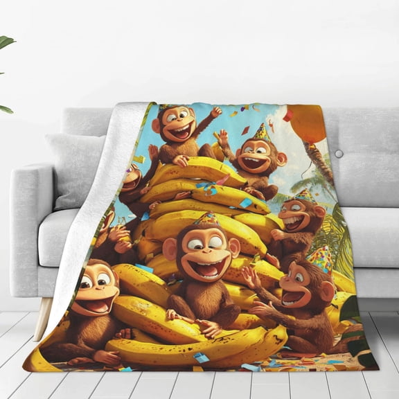 Banana Party Monkey Flannel Throw Blanket, Soft, Warm, Durable Tropical Blanket, for Bed, Couch & Travel, Machine Washable 50x40in, Birthday Hats & Confetti
