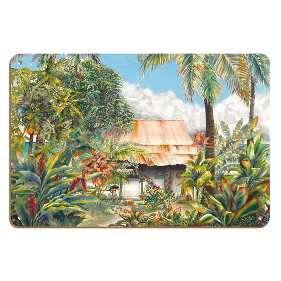 Banana Patch Heaven - Hawaiian Beach House (Hale) - From an Original Hawaii Watercolor Painting by Peggy Chun - 8 x 12 inch Vintage Wood Art Sign