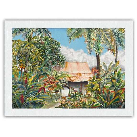 Banana Patch Heaven - Hawaiian Beach House (Hale) - From an Original Hawaii Watercolor Painting by Peggy Chun - Japanese Unryu Rice Paper Art Print 24 x 32 in