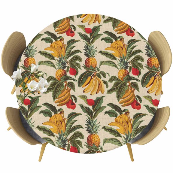 Banana Pineapple Round Tablecloth 36-44 Inch Round Fitted Table Cloth with Elastic Edge, Summer Tropical Fruit Botanical Waterproof Table Cover Protector for Outdoor Picnic Party Dining