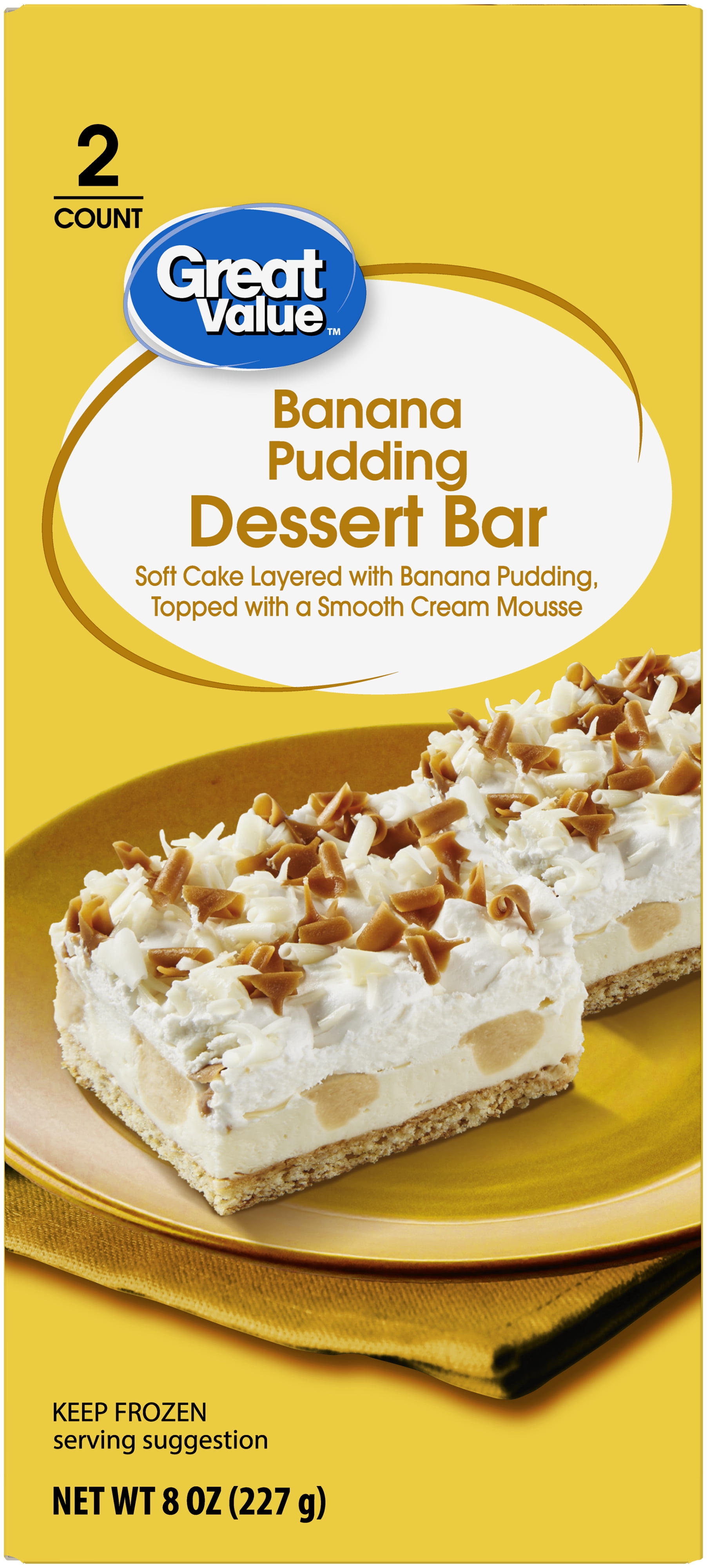 Great Value Banana Pudding Dessert Bar, Frozen Layered Cake Dessert, 2 Count, 8 oz