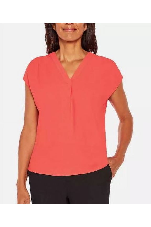 Ladies' Plus Size Short Sleeve V-Neck Blouse, Red 2X