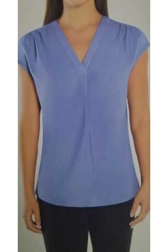 Ladies' Short Sleeve V-Neck Blouse, Purple Small