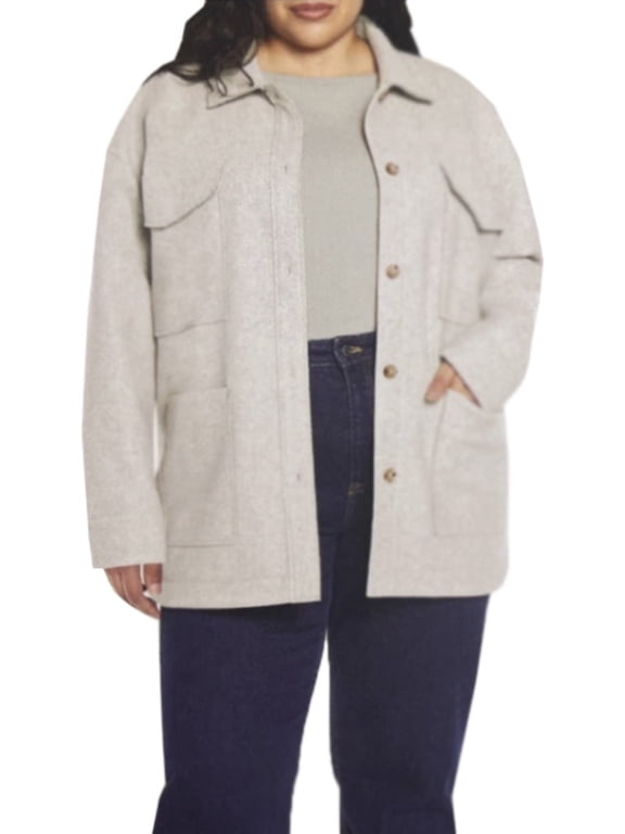 Ladies' Structured 4 Pocket Button Shacket Oversize Shirt Jacket, Tan, XL