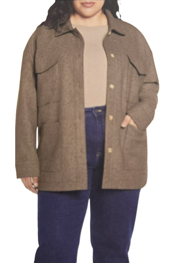 Ladies' Structured 4 Pocket Button Shacket Oversize Shirt jacket | Brown, XL