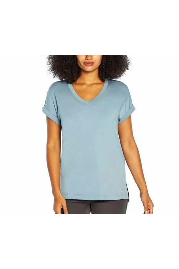 Women V-neck Roll Sleeve Tee Shirt Size: L, Color: Blue