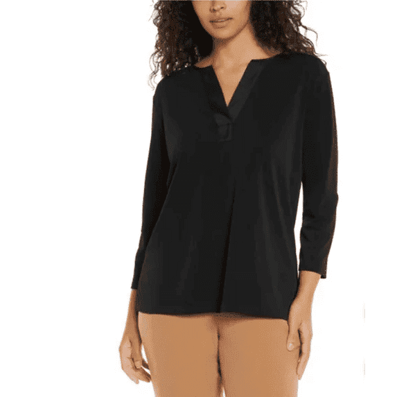 Banana Republic Women's 3/4 Sleeve V Neck Top Notch Satin Trim Blouse Black L