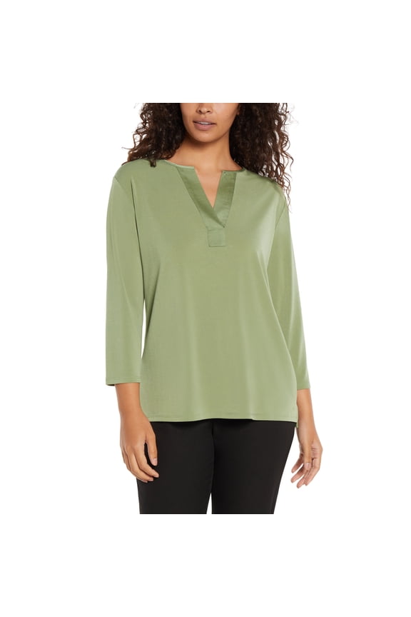 Women's 3/4 Sleeve V Neck Top Notch Satin Trim Blouse Green S