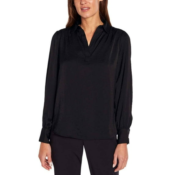 Banana Republic Women's Long Sleeve V Neck Satin Pullover, Black XL