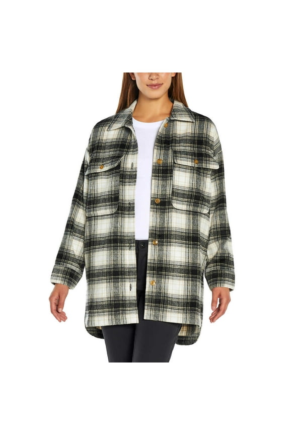 Women's Plaid Midweight Button-up Shirt Jacket (Black, XXL)