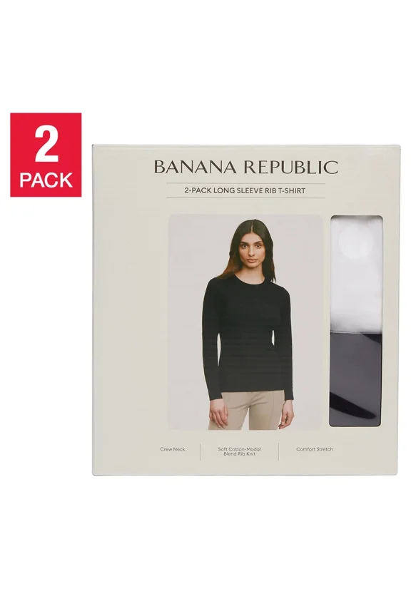 Women's Ribbed Crewneck Long Sleeve T-Shirt 2-Pack (Black/White, Medium)