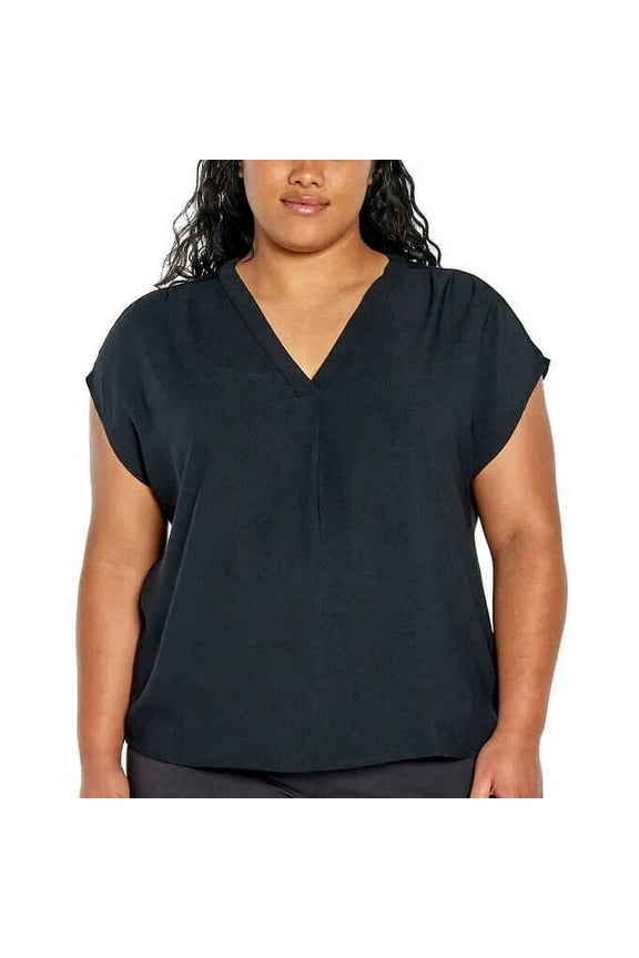 Women's Short Sleeve V-Neck Blouse (Black, XXL)