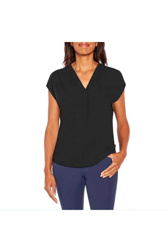 Women's V-Neck Front Pleat Relaxed Fit Blouse Top (Black, XL)