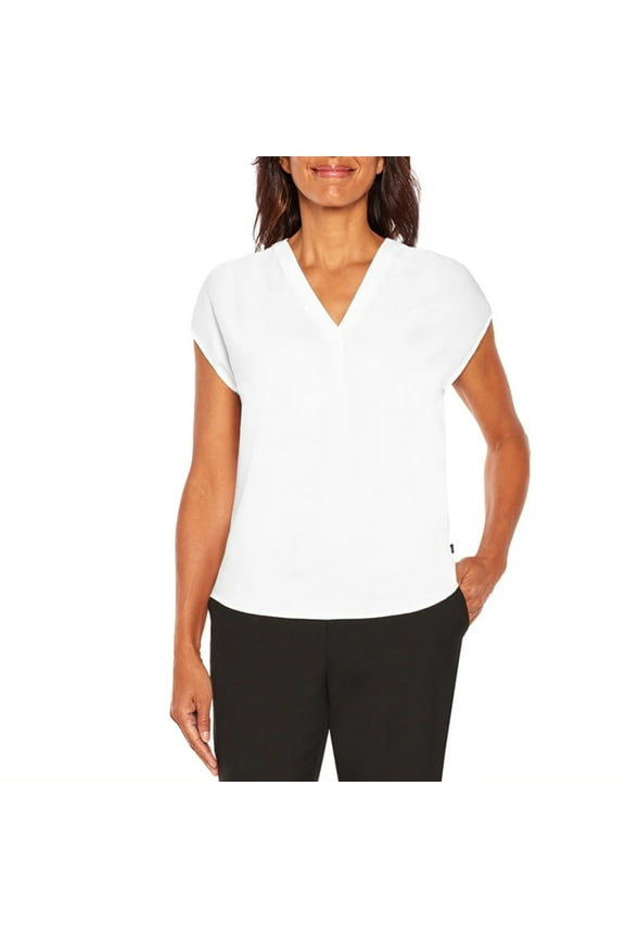 Women's V-Neck Front Pleat Relaxed Fit Blouse Top (White, L)