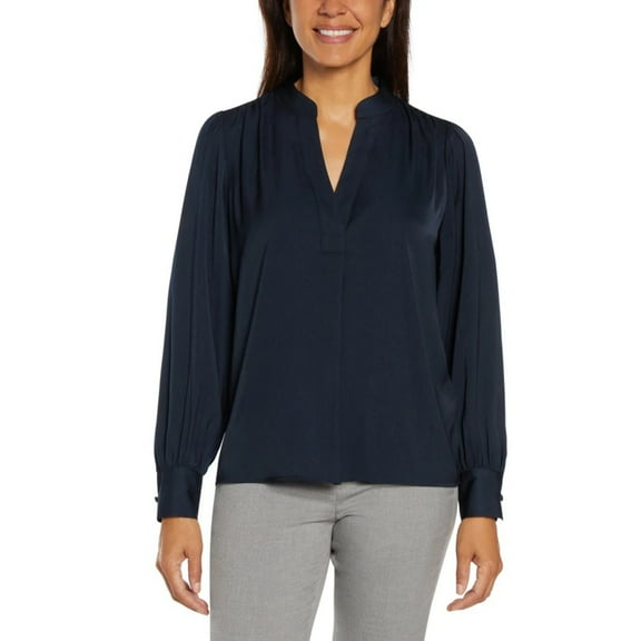 Banana Republic Women's V-Neck Long Sleeve Relaxed Fit Satin Finish Top Blouse (Navy, M)