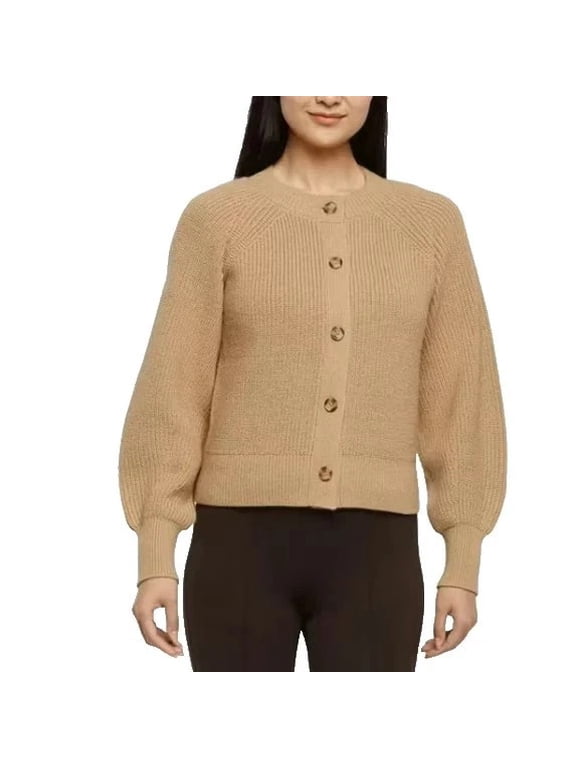 Womens Button Front Cardigan Crewneck Raglan Sleeve Tan, Size XXL