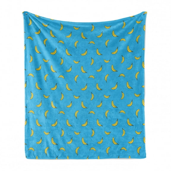 Banana Soft Flannel Fleece Blanket, Fruits Falling from Sky Theme Healthy Vegetarian Food Simplistic Exotic Design, Cozy Plush for Indoor and Outdoor Use, 70" x 90", Yellow and Blue, by Ambesonne