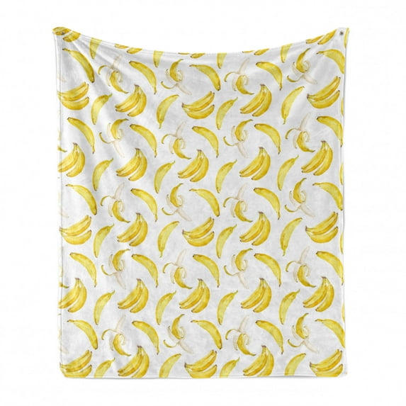 Banana Soft Flannel Fleece Throw Blanket, Repeated Pattern Watercolor Design Fruit Sketch on Plain Background, Cozy Plush for Indoor and Outdoor Use, 50" x 60", White and Pastel Yellow, by Ambesonne